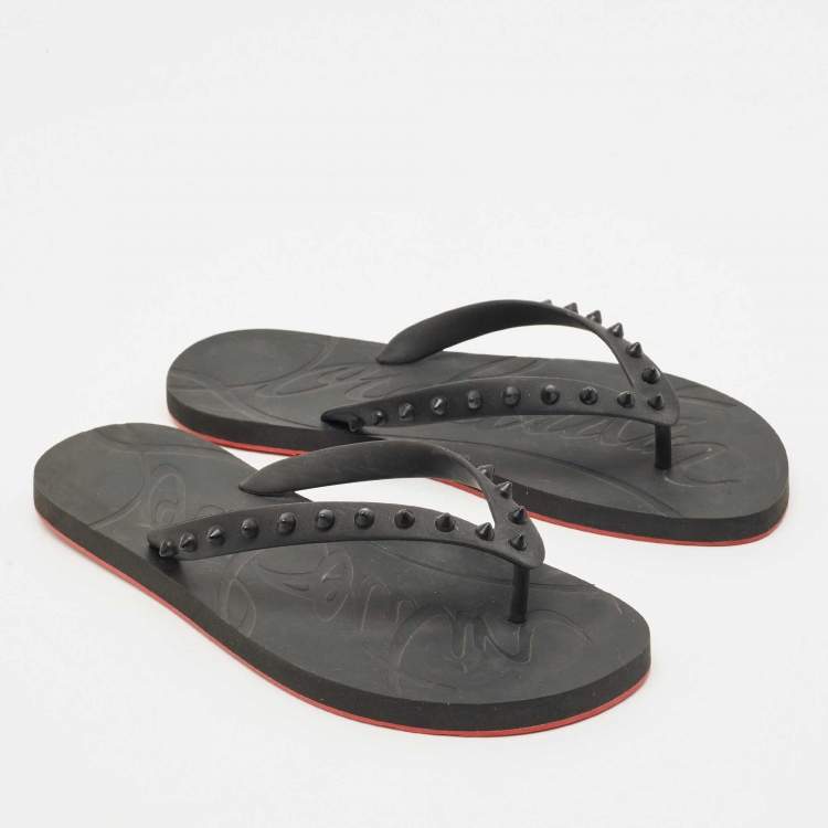 Pre Owned Christian Louboutin Black Rubber Loubi Tonal Spikes Flip Flops Size 41