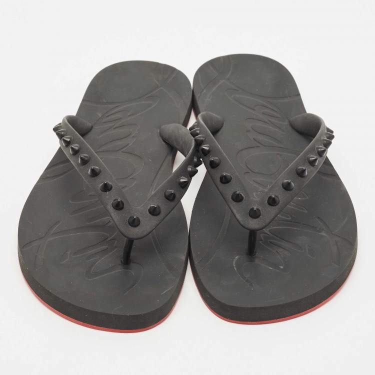 Pre Owned Christian Louboutin Black Rubber Loubi Tonal Spikes Flip Flops Size 41