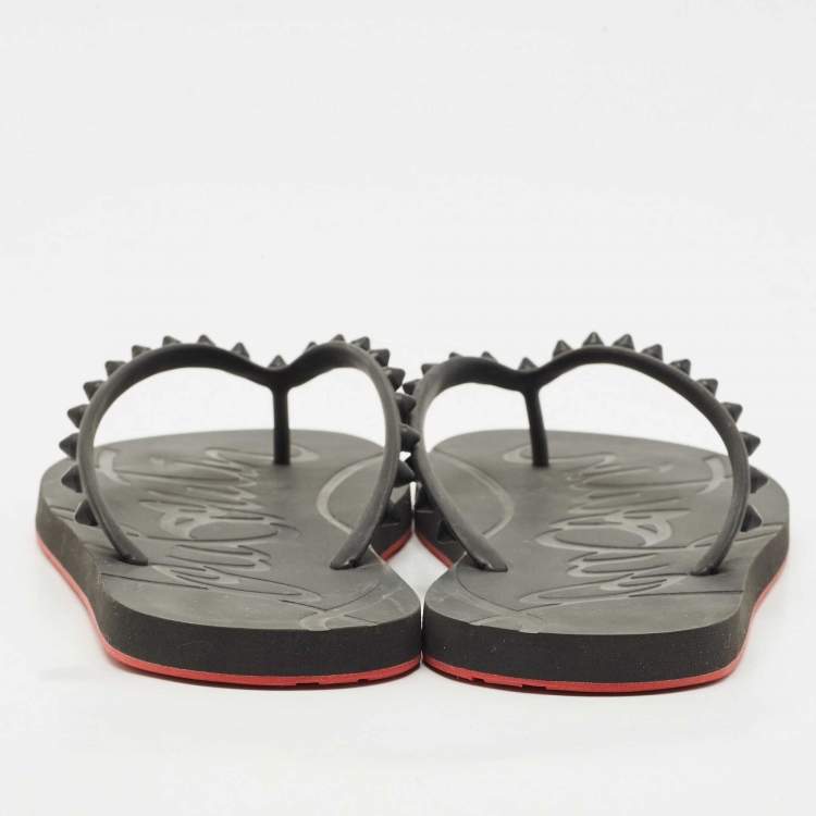 Pre Owned Christian Louboutin Black Rubber Loubi Tonal Spikes Flip Flops Size 41