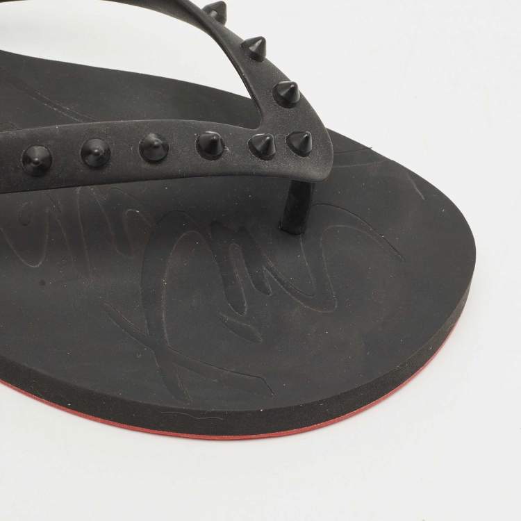 Pre Owned Christian Louboutin Black Rubber Loubi Tonal Spikes Flip Flops Size 41