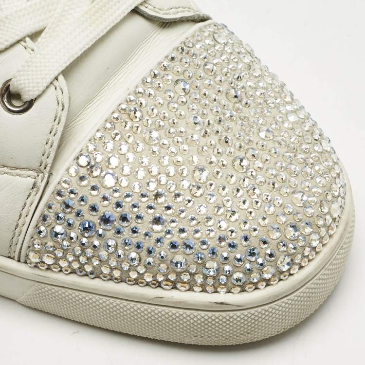 Pre Owned Christian Louboutin White Leather and Crystal Louis Low Top Sneakers Size 43