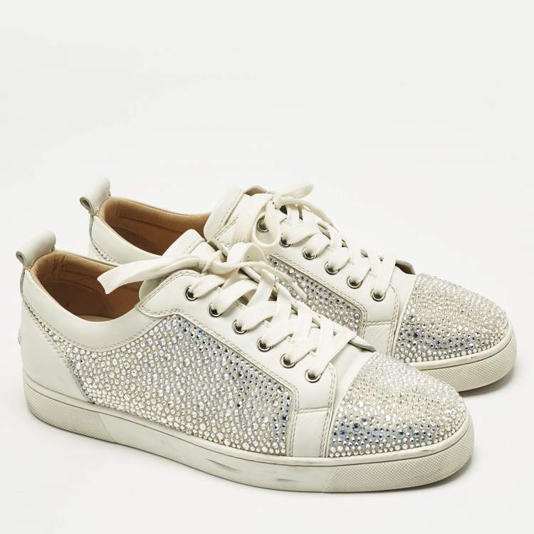 Pre Owned Christian Louboutin White Leather and Crystal Louis Low Top Sneakers Size 43