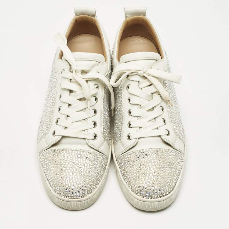 Pre Owned Christian Louboutin White Leather and Crystal Louis Low Top Sneakers Size 43