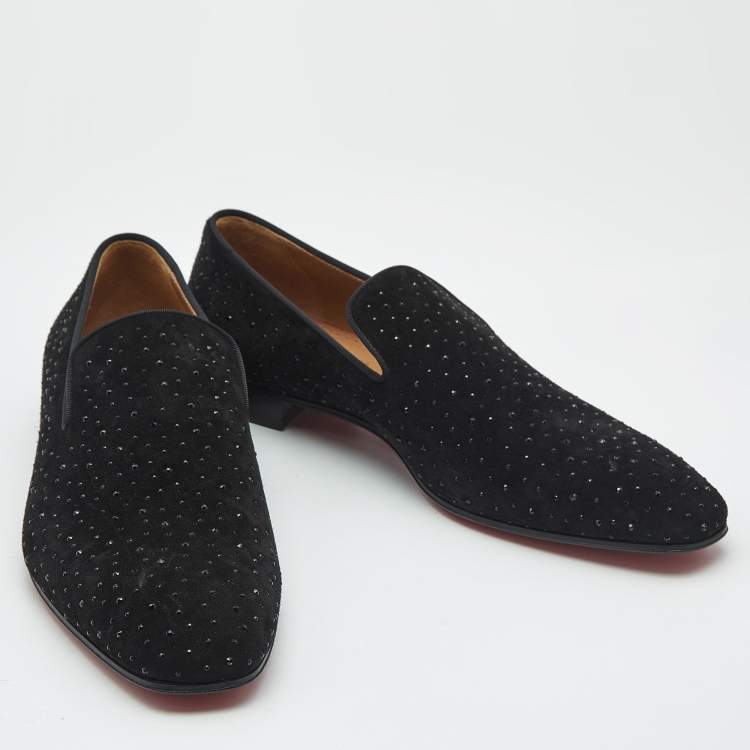 Pre Owned Christian Louboutin Black Suede Crystal Embellished Dandelion Smoking Slippers Size 44