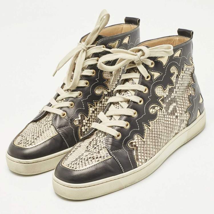 Pre Owned Christian Louboutin Black/Beige Leather And Python Rantus Orlato High Top Sneakers Size 43