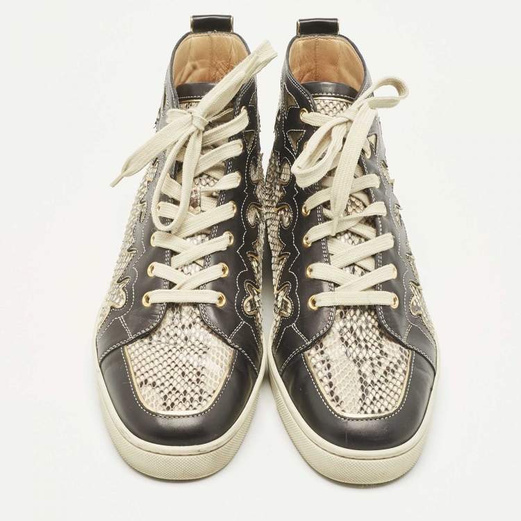 Pre Owned Christian Louboutin Black/Beige Leather And Python Rantus Orlato High Top Sneakers Size 43