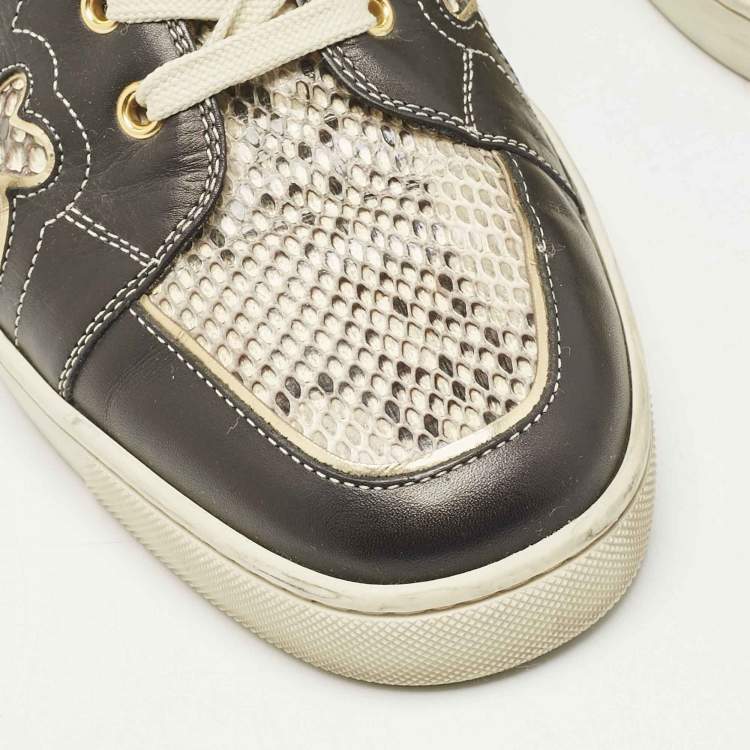 Pre Owned Christian Louboutin Black/Beige Leather And Python Rantus Orlato High Top Sneakers Size 43