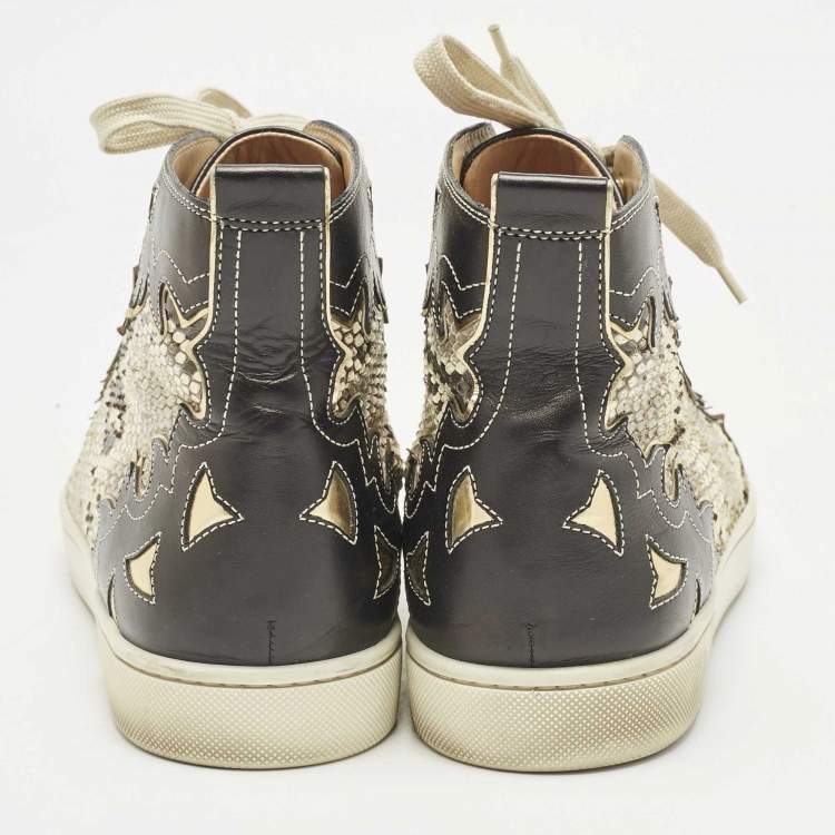 Pre Owned Christian Louboutin Black/Beige Leather And Python Rantus Orlato High Top Sneakers Size 43