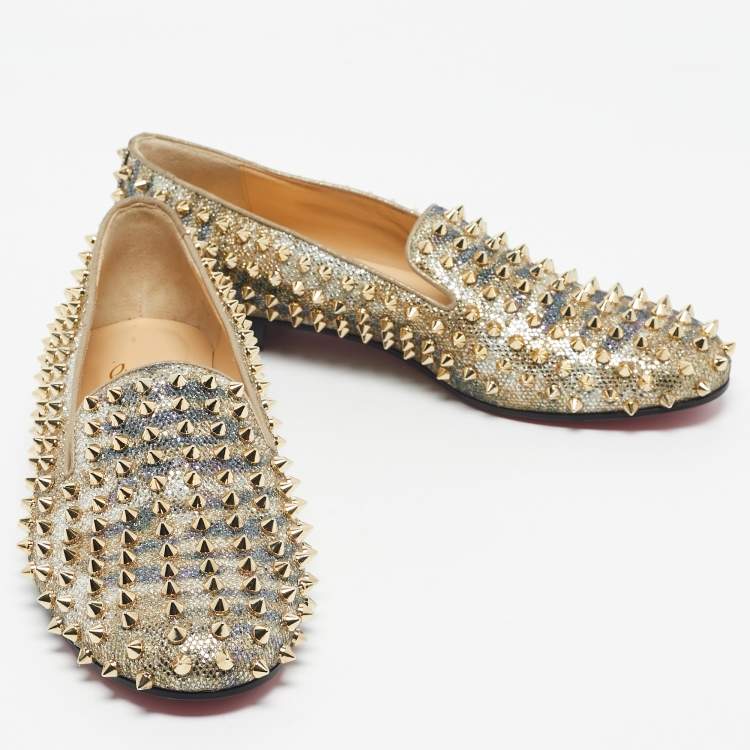 Pre Owned Christian Louboutin Gold Glitter Dandelion Spikes Smoking Slippers Size 40