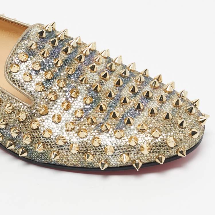 Pre Owned Christian Louboutin Gold Glitter Dandelion Spikes Smoking Slippers Size 40