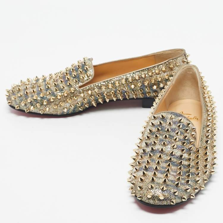 Pre Owned Christian Louboutin Gold Glitter Dandelion Spikes Smoking Slippers Size 40