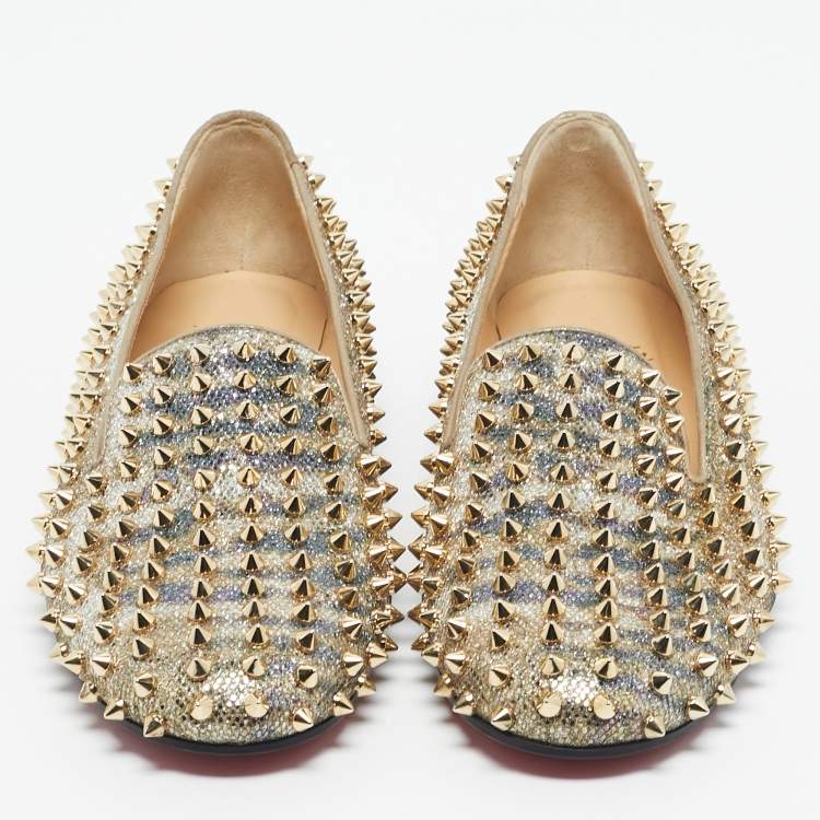 Pre Owned Christian Louboutin Gold Glitter Dandelion Spikes Smoking Slippers Size 40
