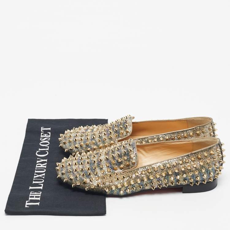 Pre Owned Christian Louboutin Gold Glitter Dandelion Spikes Smoking Slippers Size 40