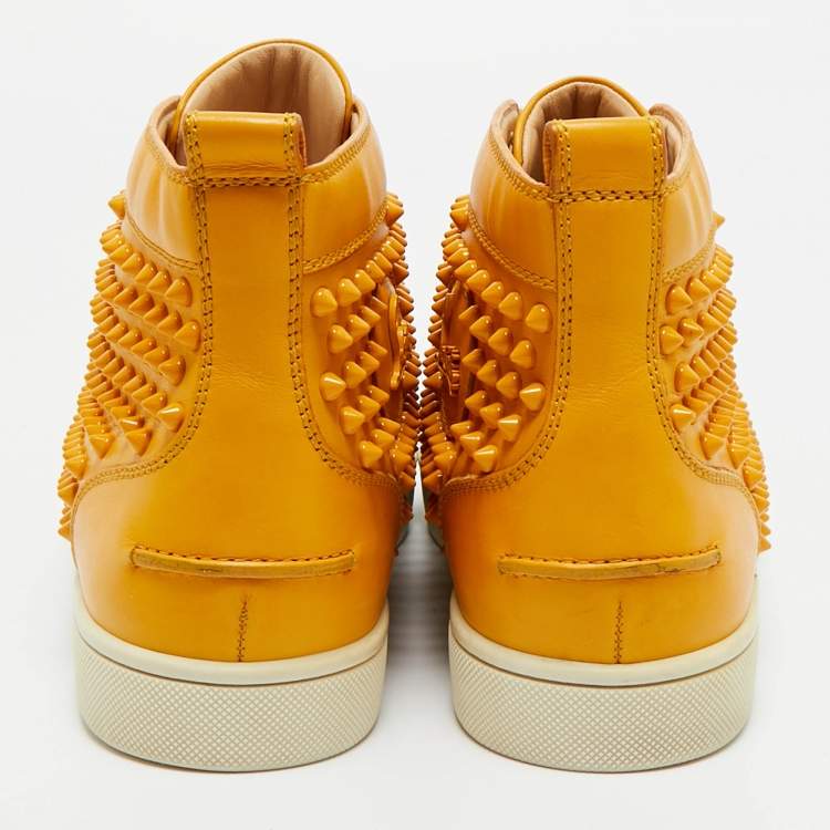 Pre Owned Christian Louboutin Yellow Leather Louis Spikes Lace Up Sneakers Size 40.5