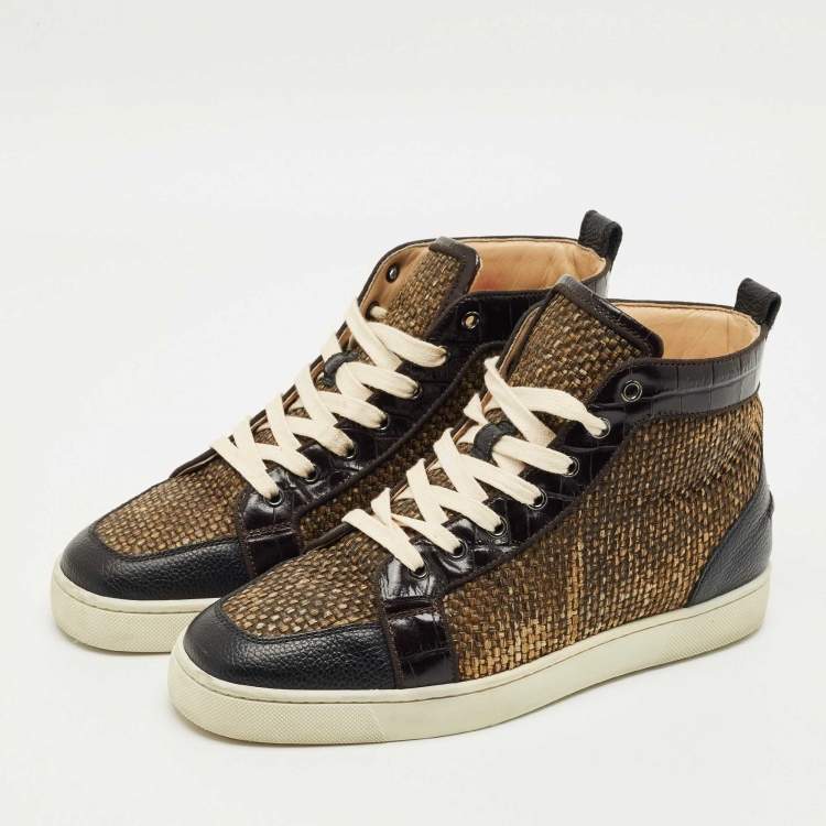 Pre Owned Christian Louboutin Beige/Black Raffia and Leather Rantus Orlato Sneakers Size 42
