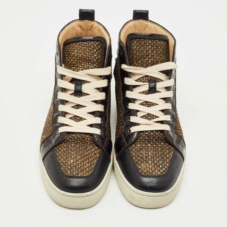 Pre Owned Christian Louboutin Beige/Black Raffia and Leather Rantus Orlato Sneakers Size 42
