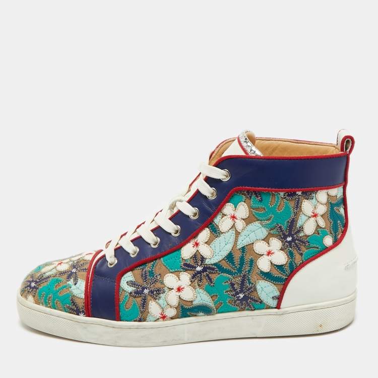 Pre Owned Christian Louboutin Multicolor Embroidered Suede and Leather Louis Patch High Top Sneakers Size 43