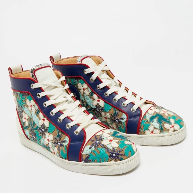 Pre Owned Christian Louboutin Multicolor Embroidered Suede and Leather Louis Patch High Top Sneakers Size 43