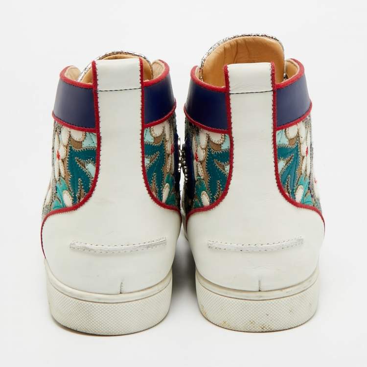 Pre Owned Christian Louboutin Multicolor Embroidered Suede and Leather Louis Patch High Top Sneakers Size 43