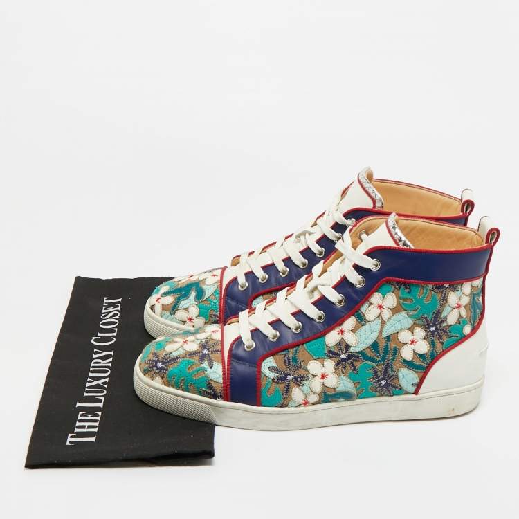 Pre Owned Christian Louboutin Multicolor Embroidered Suede and Leather Louis Patch High Top Sneakers Size 43