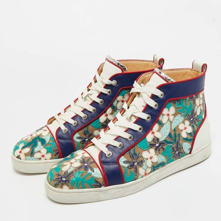 Pre Owned Christian Louboutin Multicolor Embroidered Suede and Leather Louis Patch High Top Sneakers Size 43