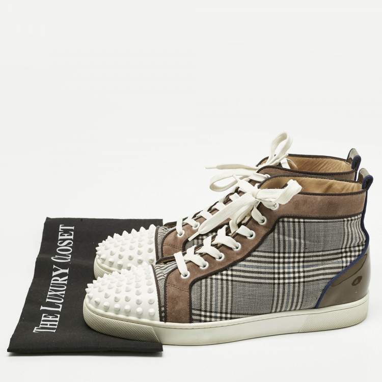 Pre Owned Christian Louboutin Multicolor Check Fabric And Leather Louis Spike High Top Sneakers Size 42.5