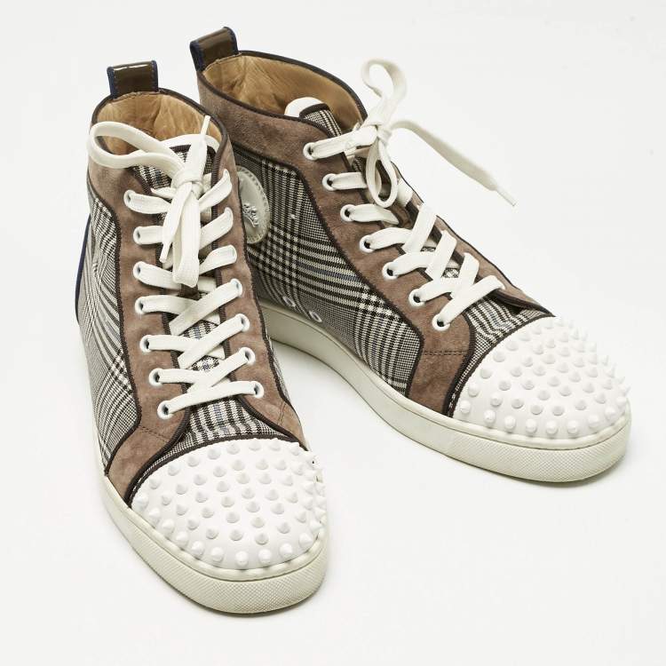 Pre Owned Christian Louboutin Multicolor Check Fabric And Leather Louis Spike High Top Sneakers Size 42.5