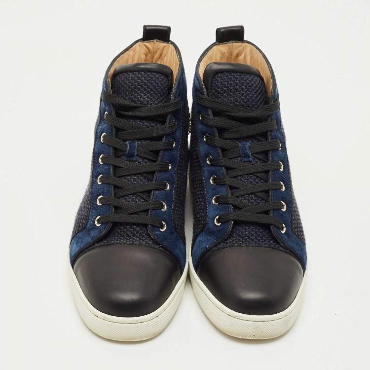 Pre Owned Christian Louboutin Black/Blue Leather and Suede Louis High Top Sneakers Size 42.5