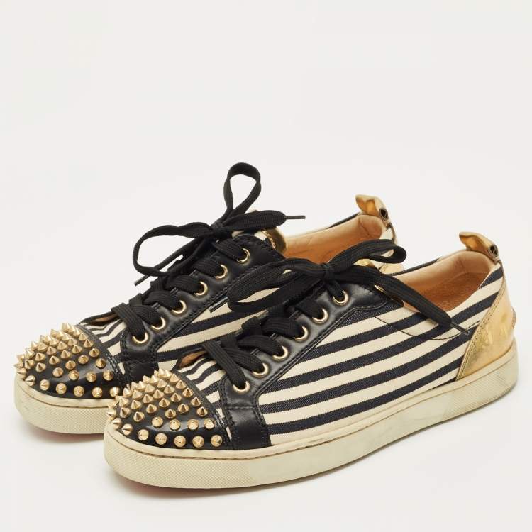 Pre Owned Christian Louboutin Black/Gold Canvas and Leather Louis Junior Spikes Sneakers Size 41