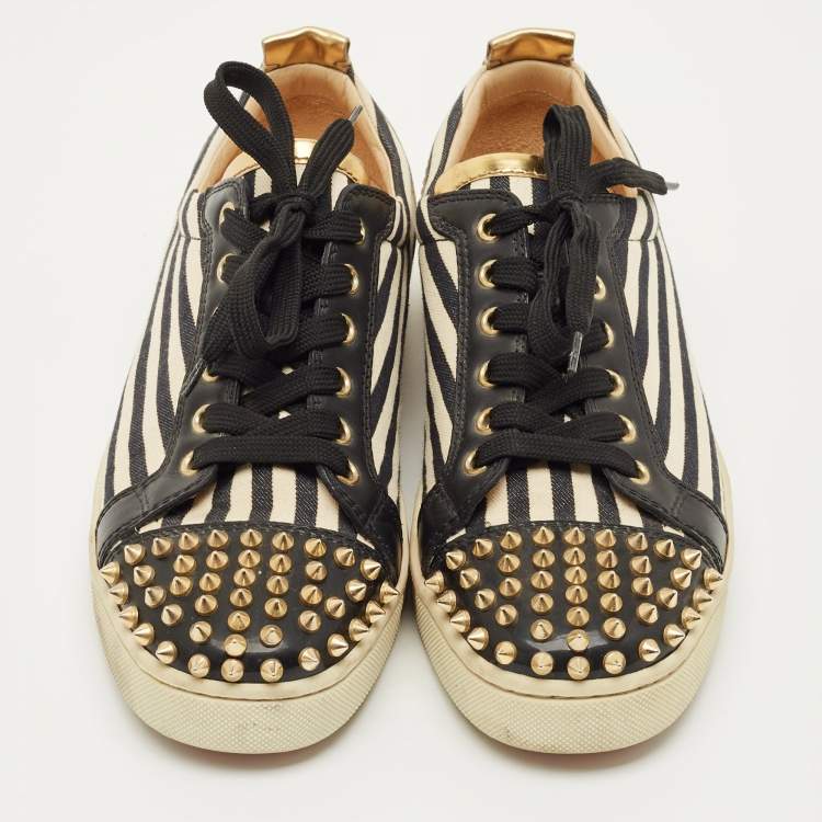 Pre Owned Christian Louboutin Black/Gold Canvas and Leather Louis Junior Spikes Sneakers Size 41