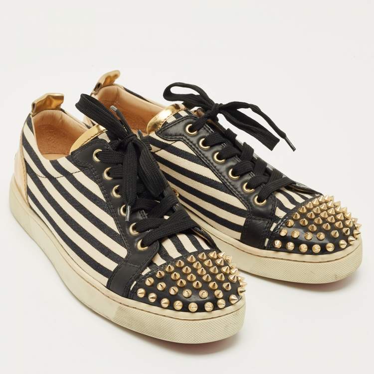 Pre Owned Christian Louboutin Black/Gold Canvas and Leather Louis Junior Spikes Sneakers Size 41