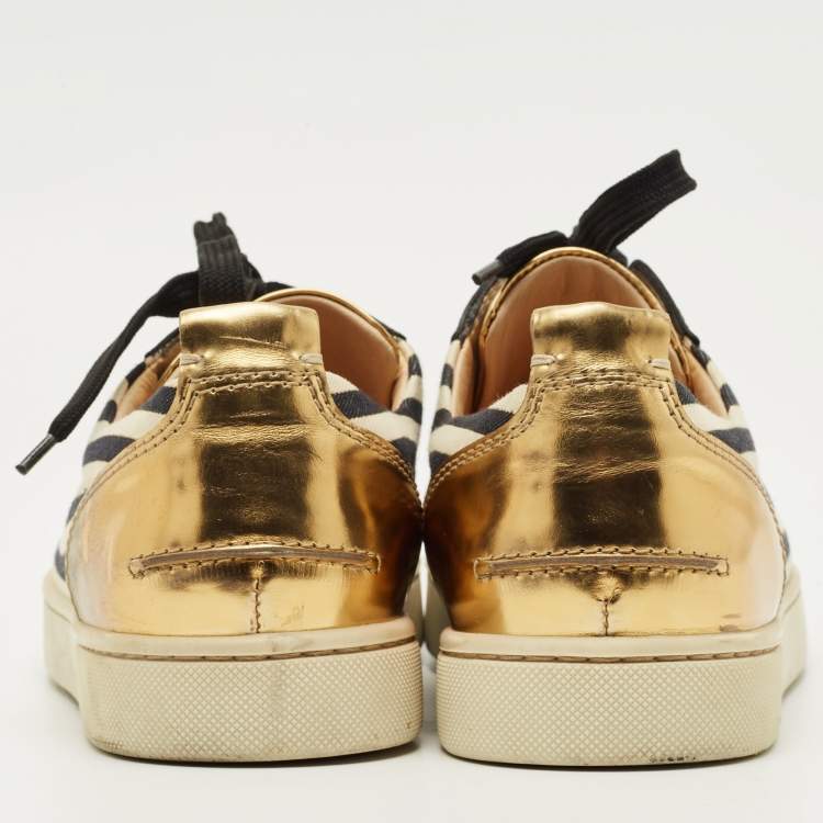 Pre Owned Christian Louboutin Black/Gold Canvas and Leather Louis Junior Spikes Sneakers Size 41