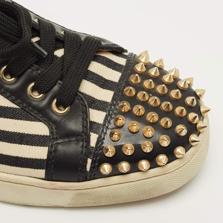 Pre Owned Christian Louboutin Black/Gold Canvas and Leather Louis Junior Spikes Sneakers Size 41
