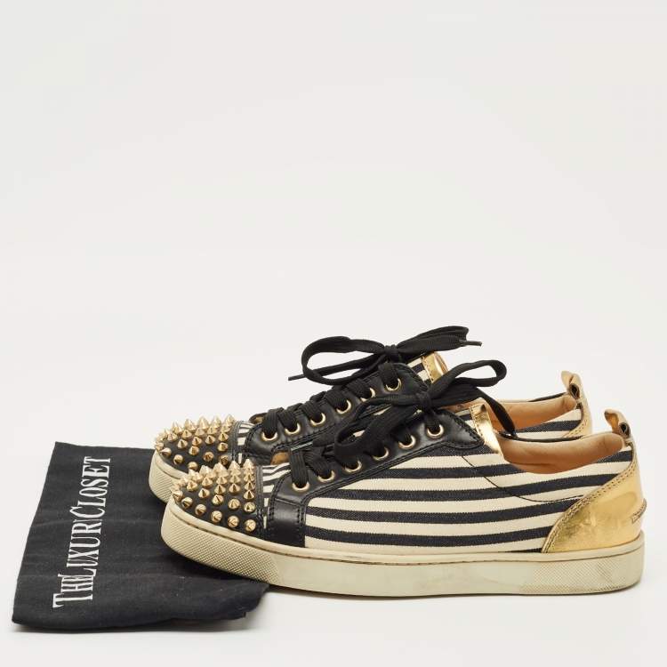 Pre Owned Christian Louboutin Black/Gold Canvas and Leather Louis Junior Spikes Sneakers Size 41