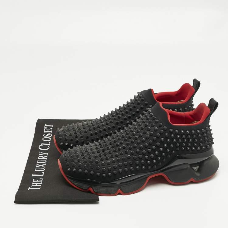Pre Owned Christian Louboutin Black Stretch Fabric Spike Sock Slip On Platform Sneakers Size 41.5