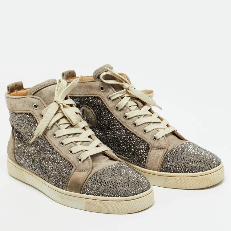Pre Owned Christian Louboutin Grey Suede Crystal Embellished Louis High Top Sneakers Size 42.5