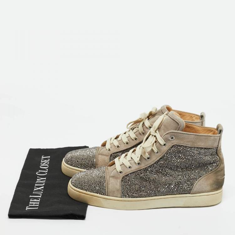 Pre Owned Christian Louboutin Grey Suede Crystal Embellished Louis High Top Sneakers Size 42.5