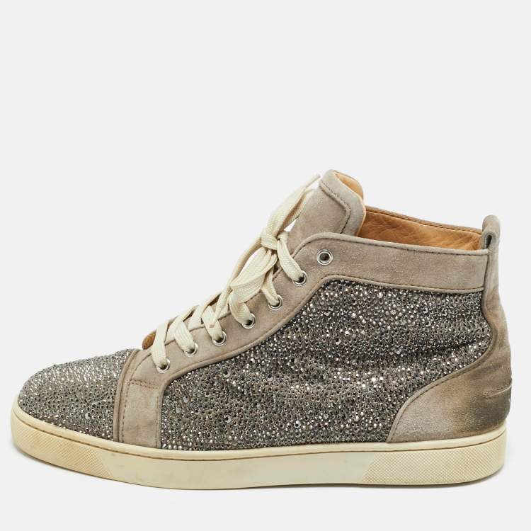 Pre Owned Christian Louboutin Grey Suede Crystal Embellished Louis High Top Sneakers Size 42.5
