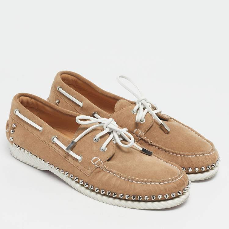 Pre Owned Christian Louboutin Brown Suede Studded Spikes Yacht Loafers Size 43