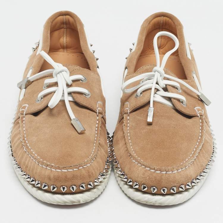 Pre Owned Christian Louboutin Brown Suede Studded Spikes Yacht Loafers Size 43