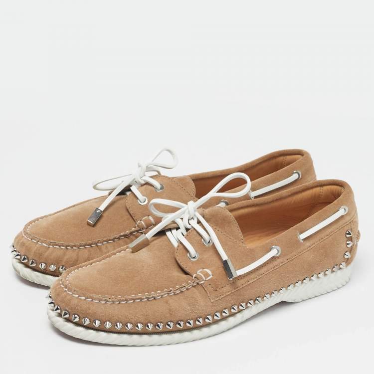 Pre Owned Christian Louboutin Brown Suede Studded Spikes Yacht Loafers Size 43
