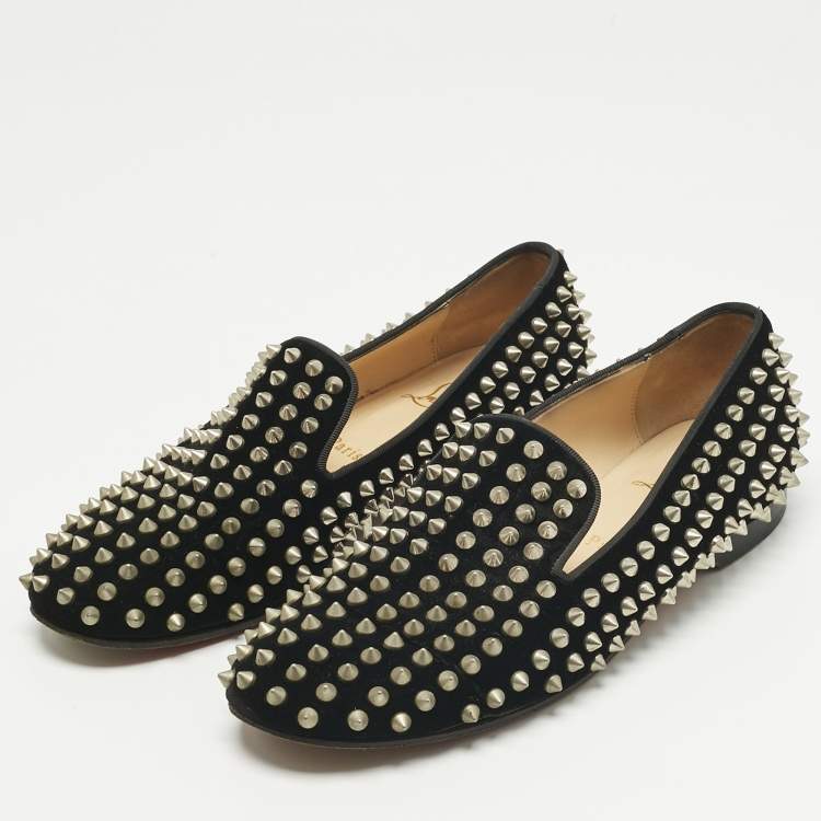 Pre Owned Christian Louboutin Black Velvet Rollerboy Spike Smoking Slippers Size 38