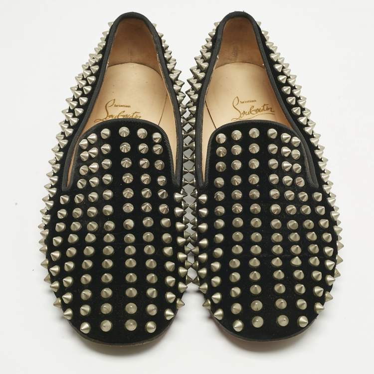 Pre Owned Christian Louboutin Black Velvet Rollerboy Spike Smoking Slippers Size 38