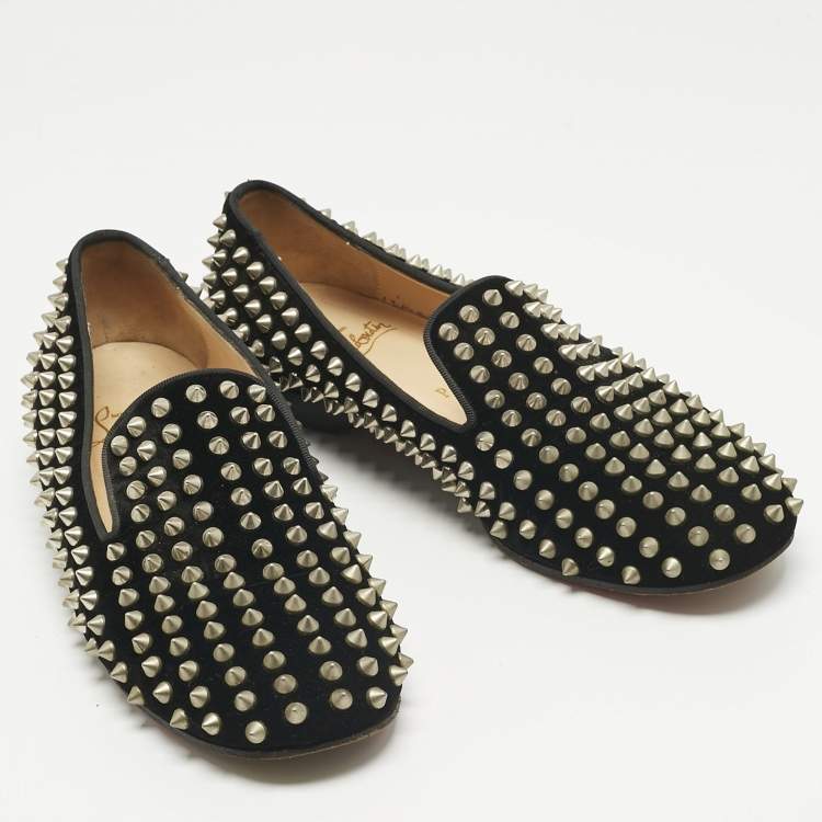 Pre Owned Christian Louboutin Black Velvet Rollerboy Spike Smoking Slippers Size 38