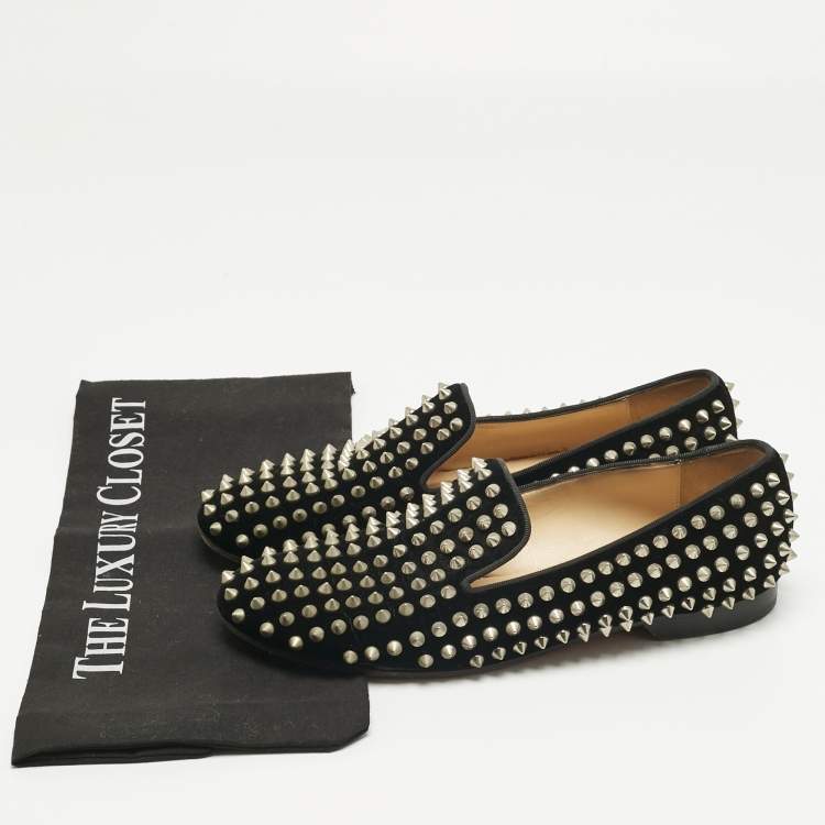 Pre Owned Christian Louboutin Black Velvet Rollerboy Spike Smoking Slippers Size 38