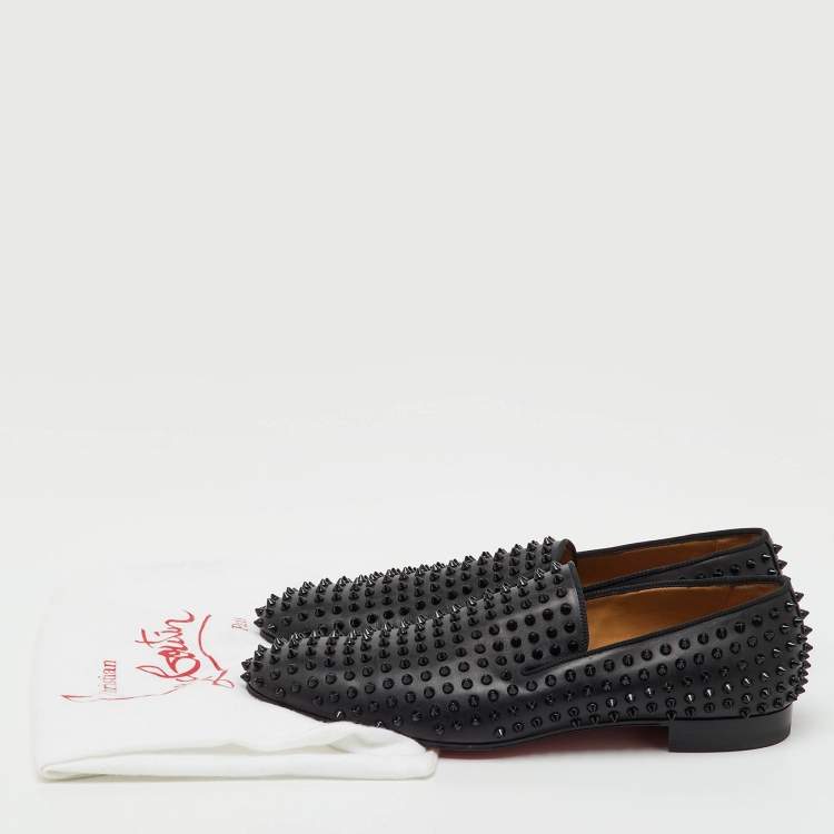 Pre Owned Christian Louboutin Black Leather Dandelion Spikes Smoking Slippers Size 46