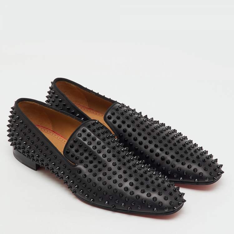 Pre Owned Christian Louboutin Black Leather Dandelion Spikes Smoking Slippers Size 46