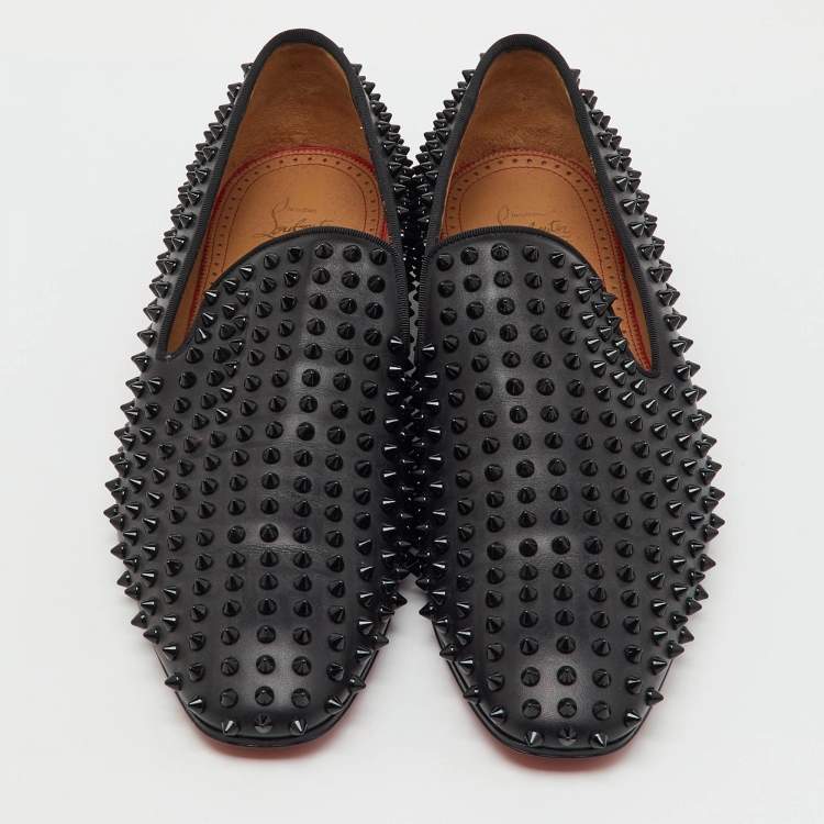 Pre Owned Christian Louboutin Black Leather Dandelion Spikes Smoking Slippers Size 46