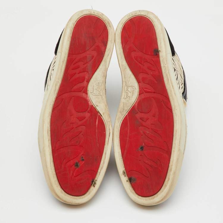 Pre Owned Christian Louboutin Black/Cream Leather and Woven Fabric Rantus Orlato High Top Sneakers Size 43.5