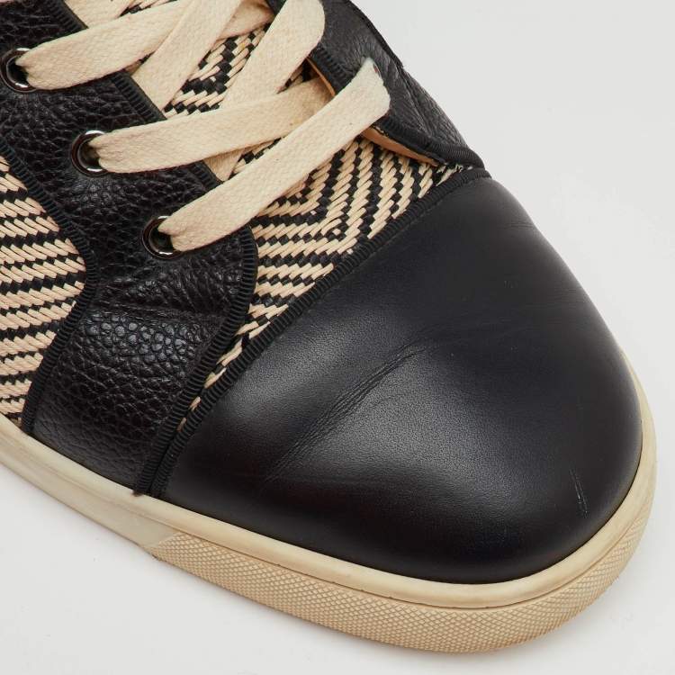 Pre Owned Christian Louboutin Black/Cream Leather and Woven Fabric Rantus Orlato High Top Sneakers Size 43.5